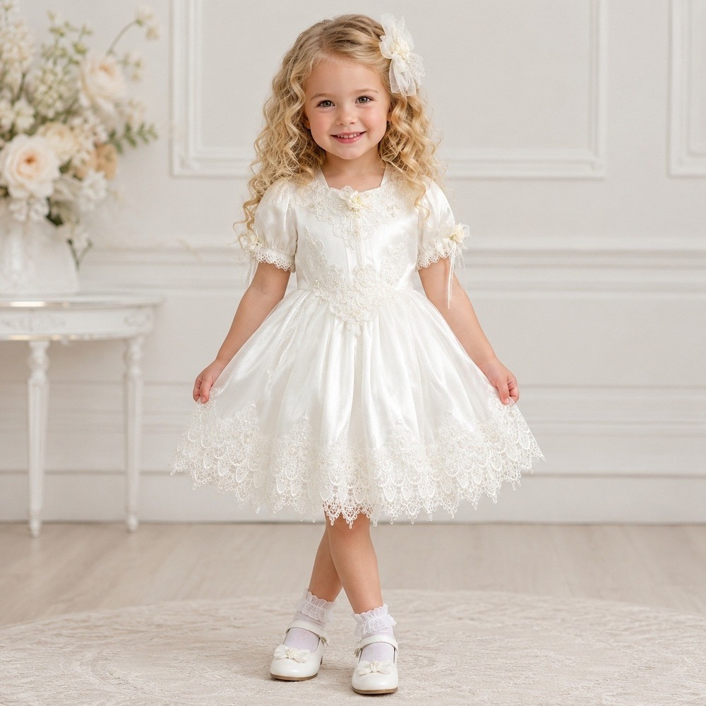 Aradi's Collection Rare White Satin Lace Flower Girl Dress Size 4 Pearl Sequin